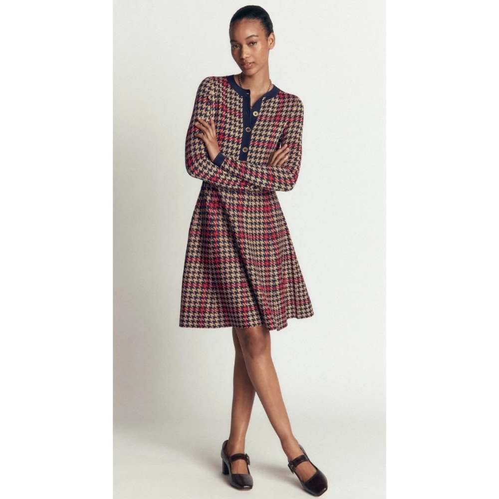 Boden Crew Neck Jacquard Dress Navy Camel Red Check Fit Flare 10R NWT